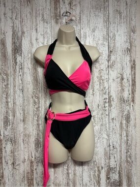 Black & Hot Pink Wrap Halter Bikini Set